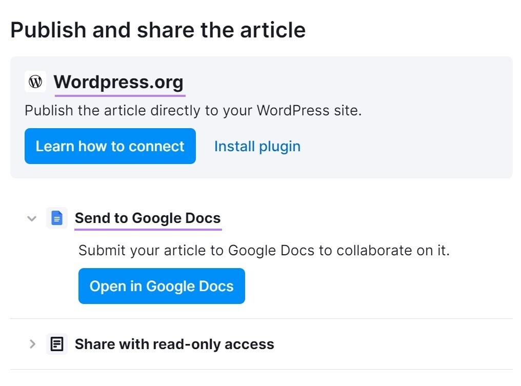 Finestra popup "Pubblica e condividi l'articolo" in ContentShake AI