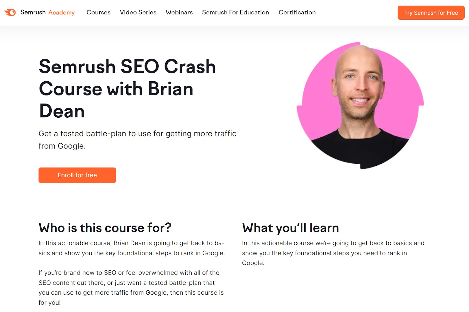 Página de destino do Semrush SEO Crash Course com Brian Dean