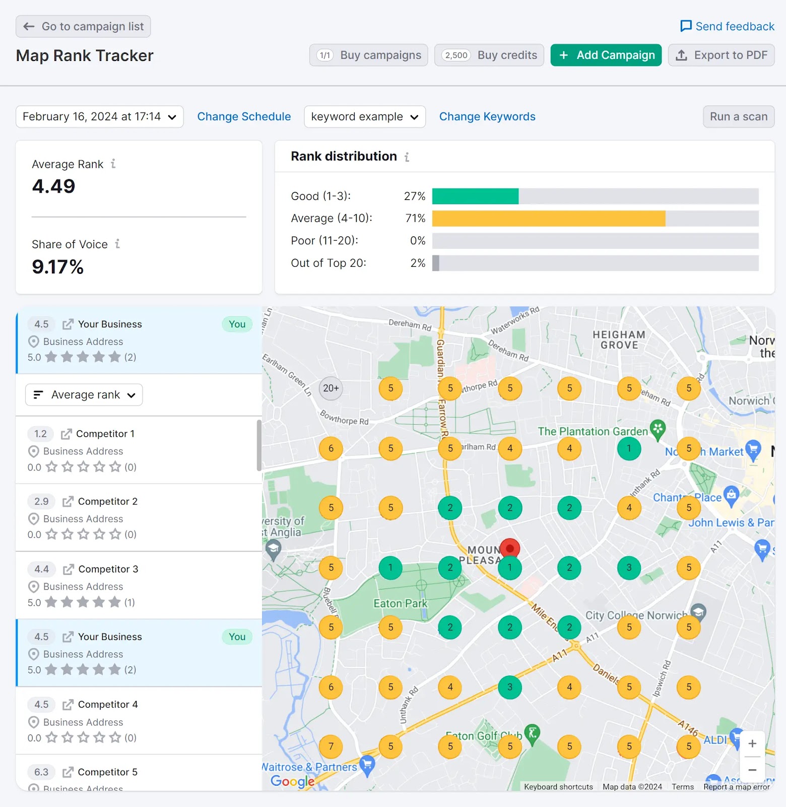 Dashboard der Map Rank Tracker-App