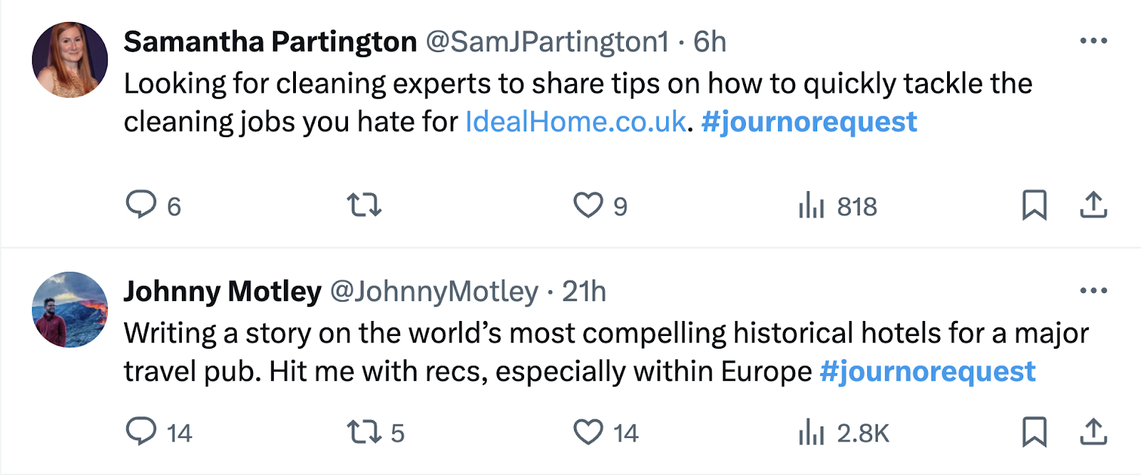 Une section de la page montrant le hashtag #JournoRequest sur X.