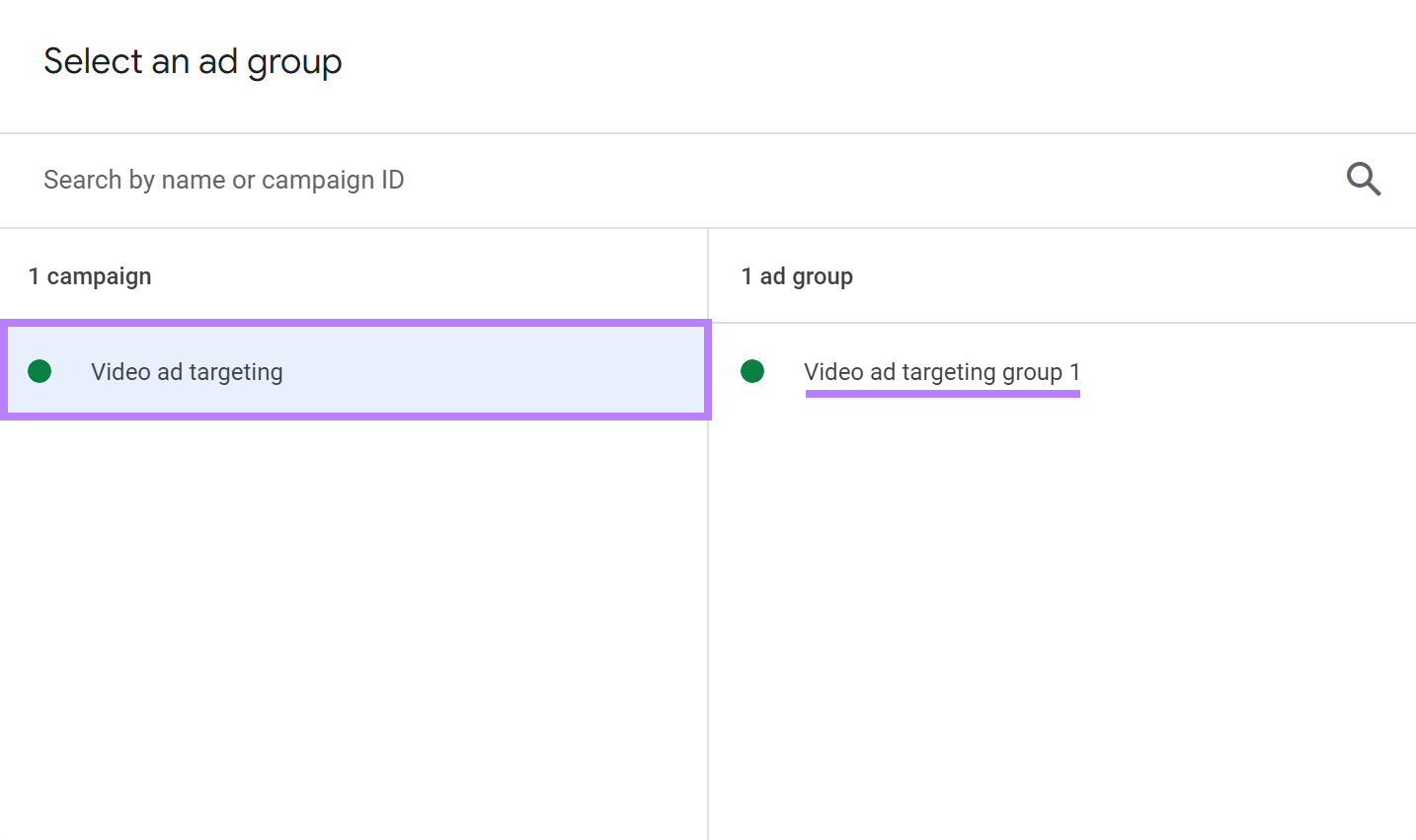 Die Kampagne „Videoanzeigen-Targeting“ und die „Videoanzeigen-Targetinggruppe 1“ wurden im Dashboard ausgewählt.