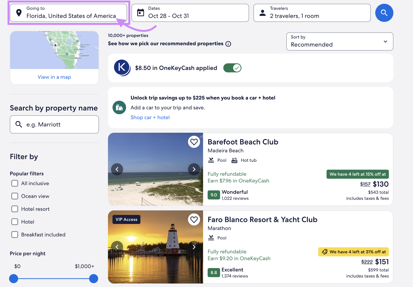 El resultado para "mejores hoteles en Florida"