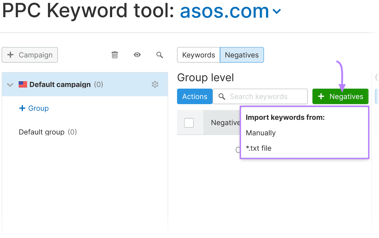 PPC Keyword Tool showing a green button labeled "+ Negatives," with a popup window offering options to import keywords.