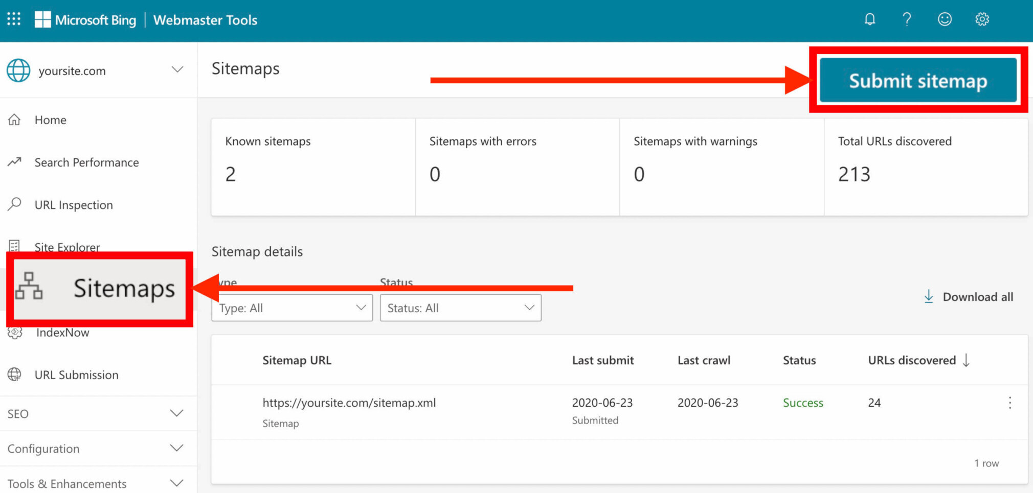 enviar sitemap no bing