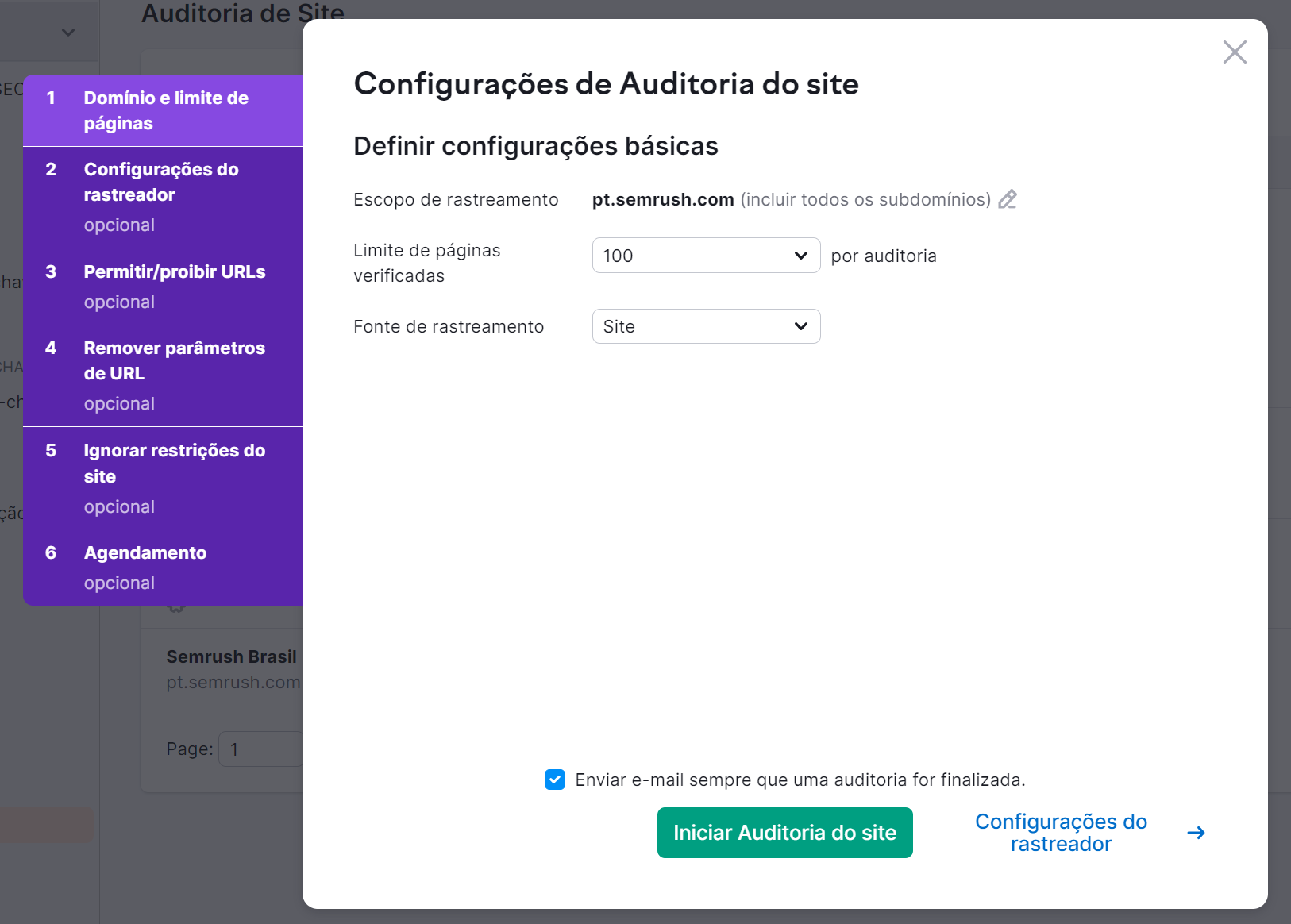 configurando auditoria do site
