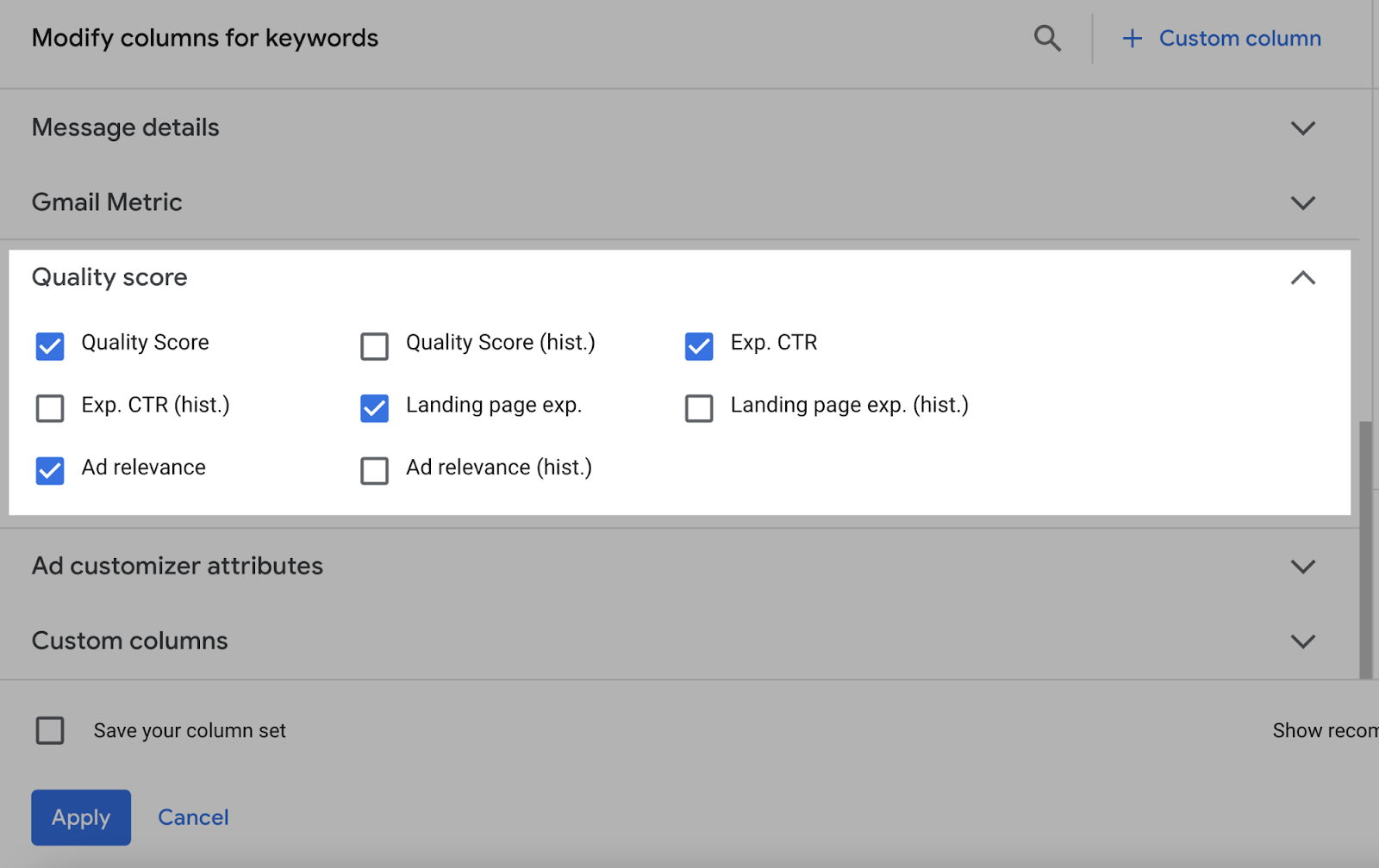Seção “Índice de qualidade”