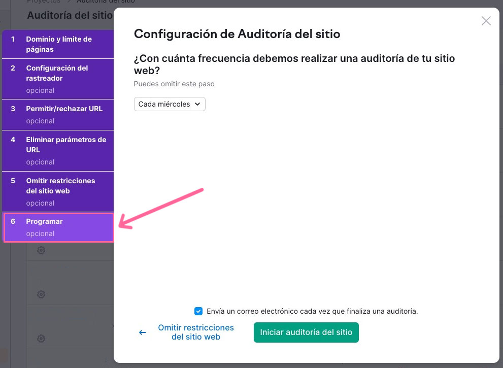 Configuración de la herramienta Auditoría del sitio de Semrush