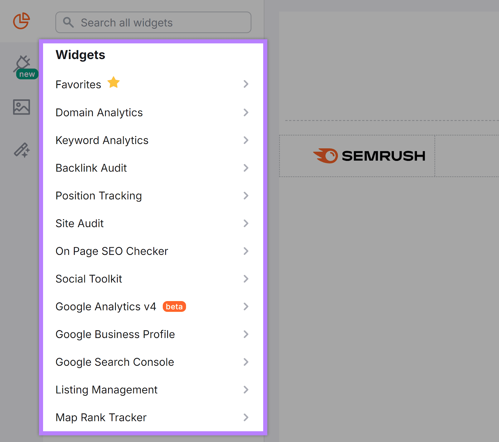 Navigazione dei widget evidenziata nella dashboard dell'editor dei report di Semrush
