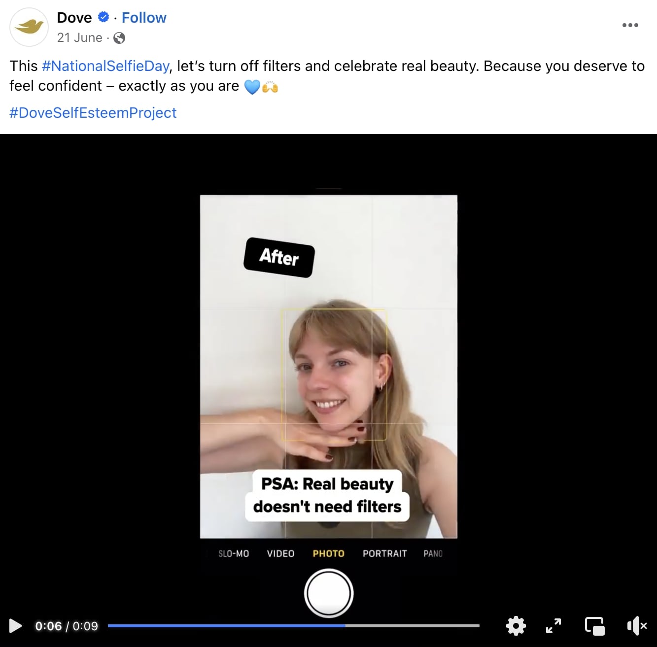 Publicação da Dove no Facebook promovendo a beleza de mulheres jovens sem filtros, com a hashtag #DoveSelfEsteemProject