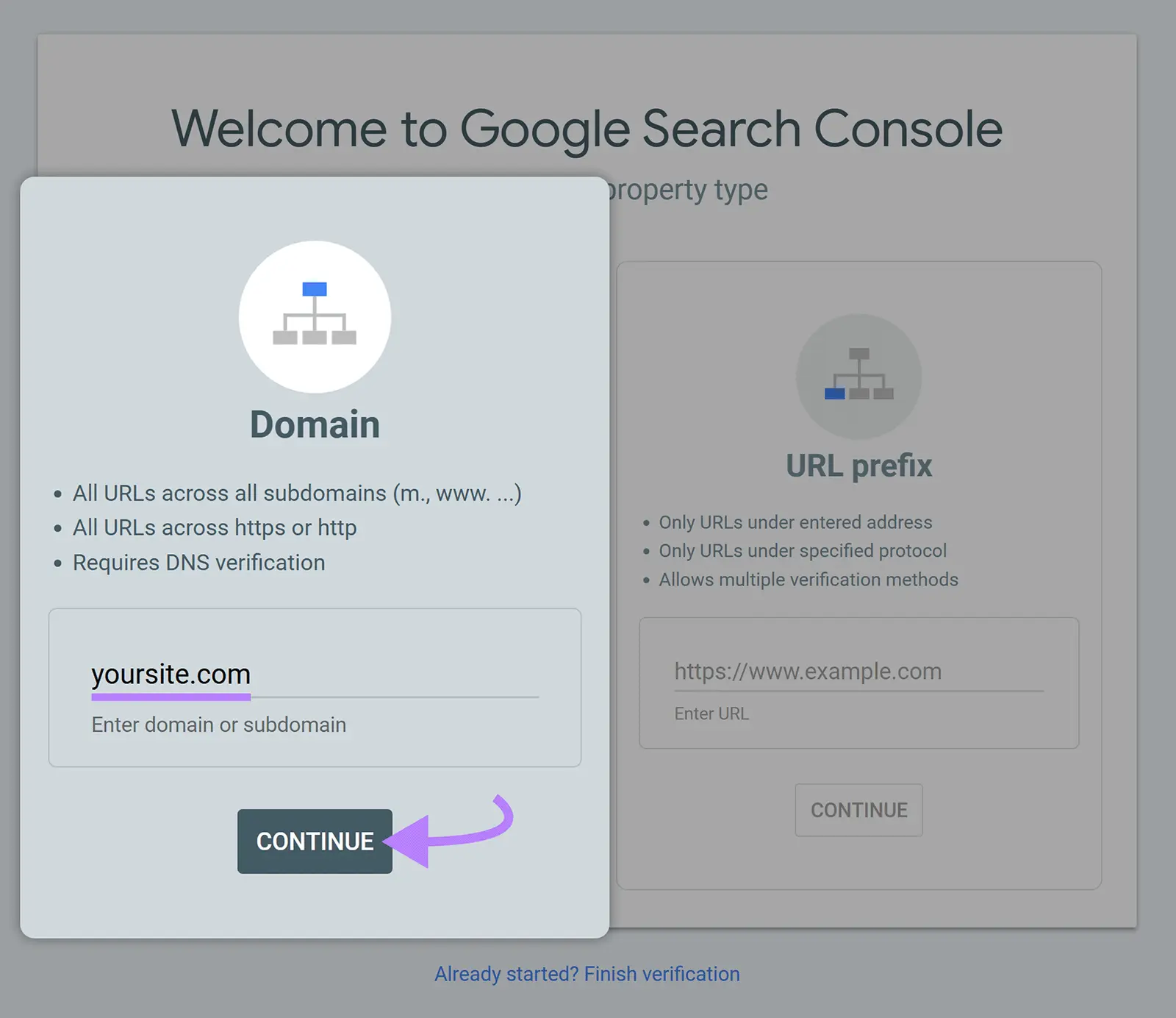 Google Search Console Domain property setup with yoursite.com entered and the Continue button highlighted