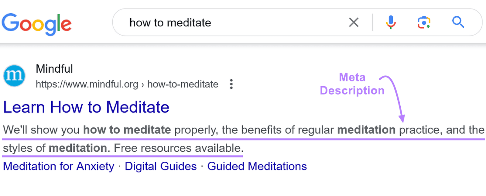 Résultat de la recherche Google pour « comment méditer » avec une flèche violette et une étiquette « Meta Description ».