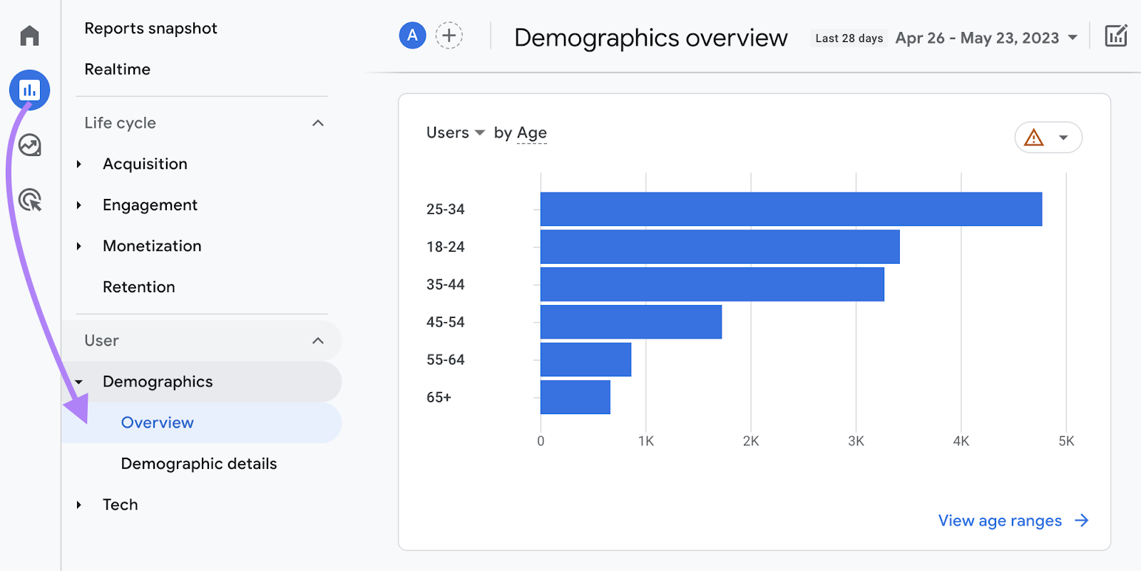 "Informes"> "Demografía" > "Visión general" navegación en Google Analytics
