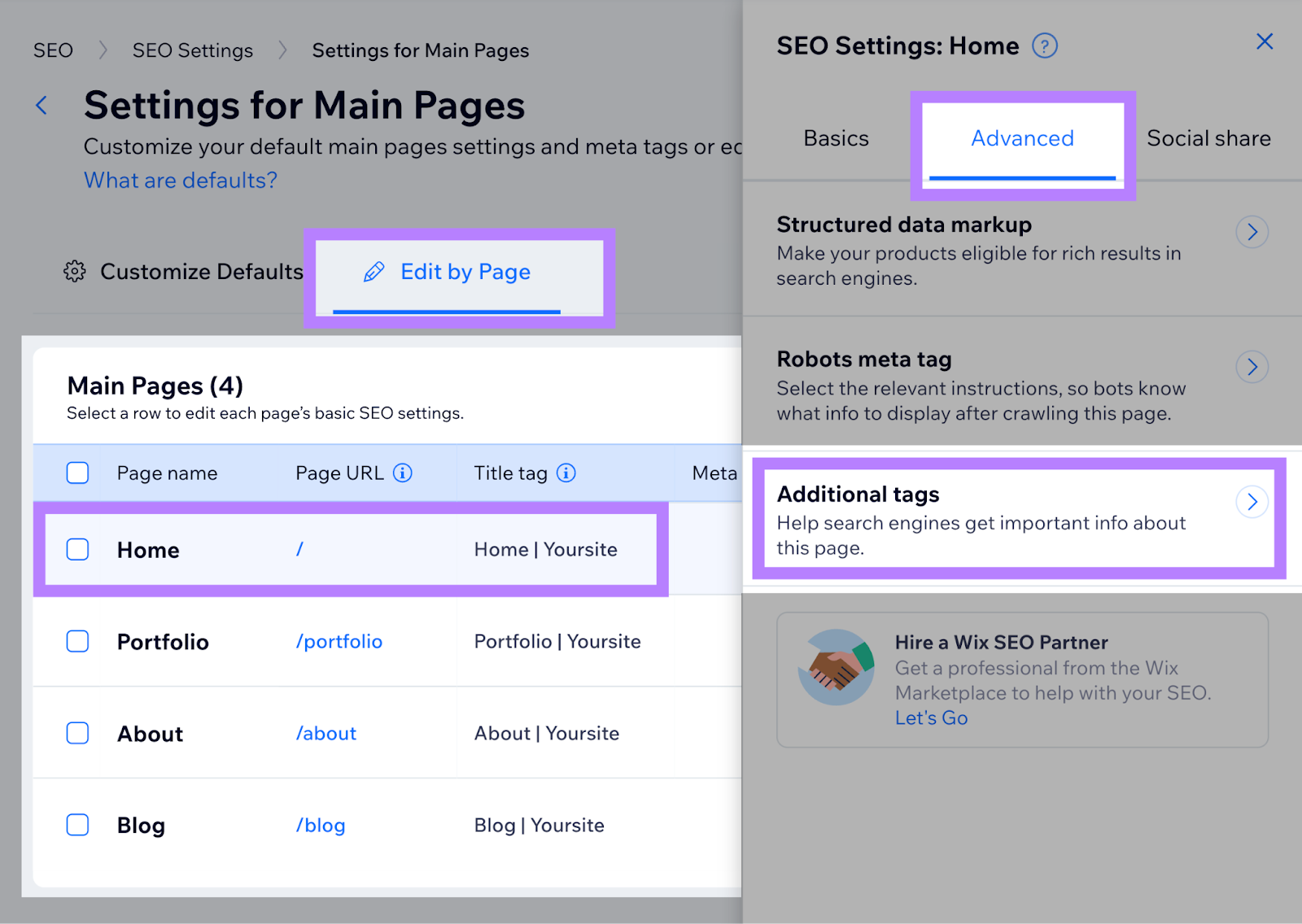 imagem orientando os leitores sobre como editar as tags canônicas de páginas individuais