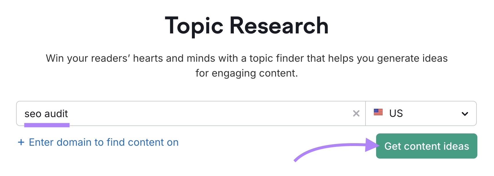 Topic Research tool start with "seo audit" entered and "Get content ideas" clicked.