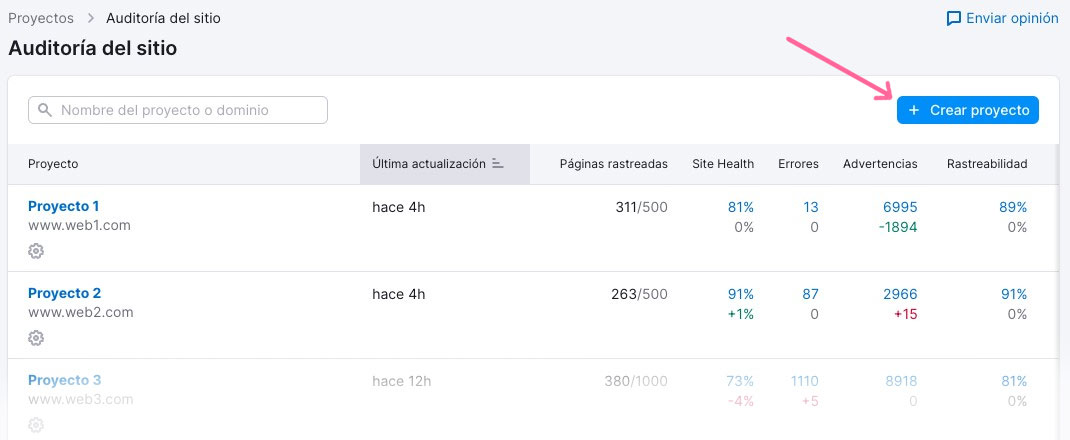 Página de proyectos de Auditoría del sitio de Semrush