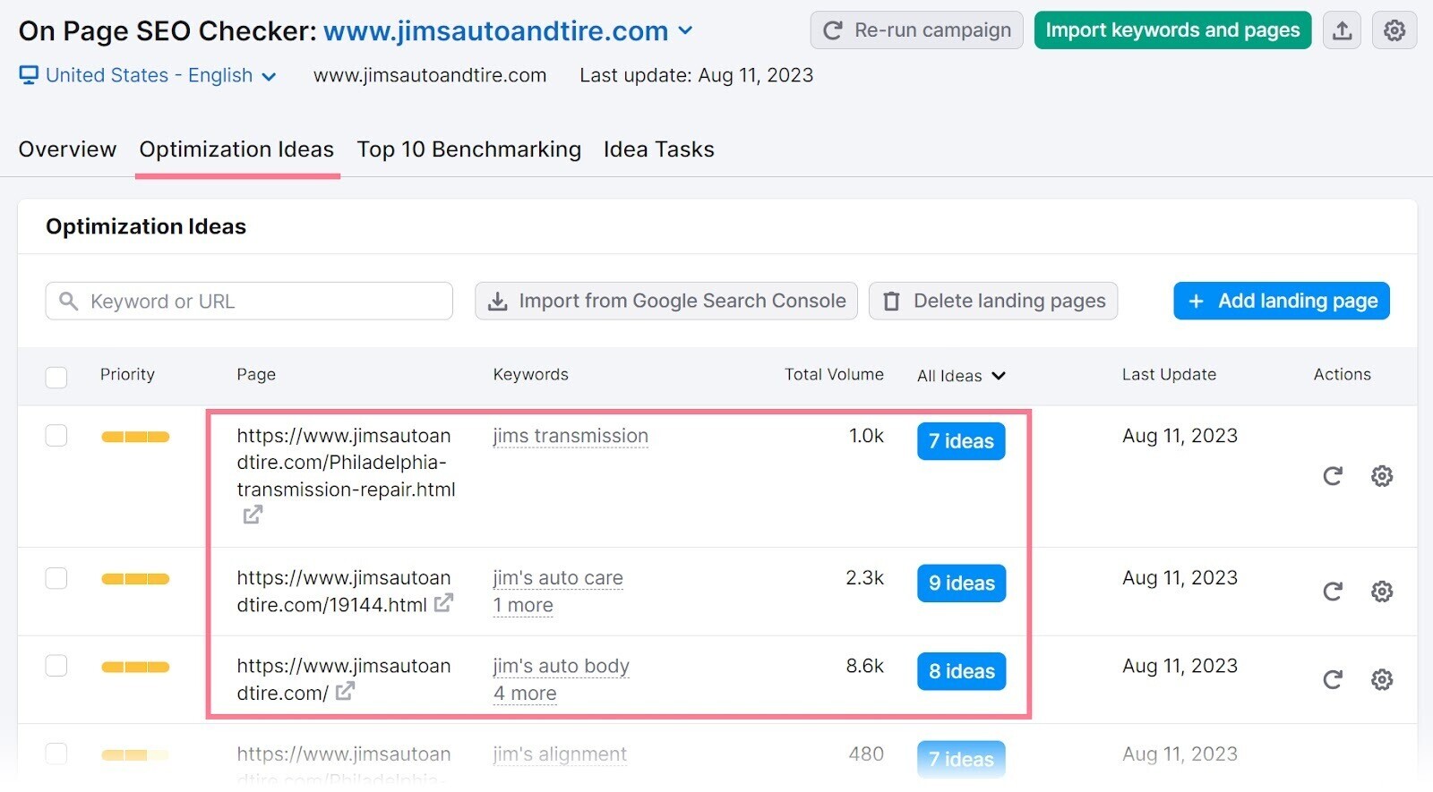 Pestaña "Ideas de optimización" en la herramienta On Page SEO Checker