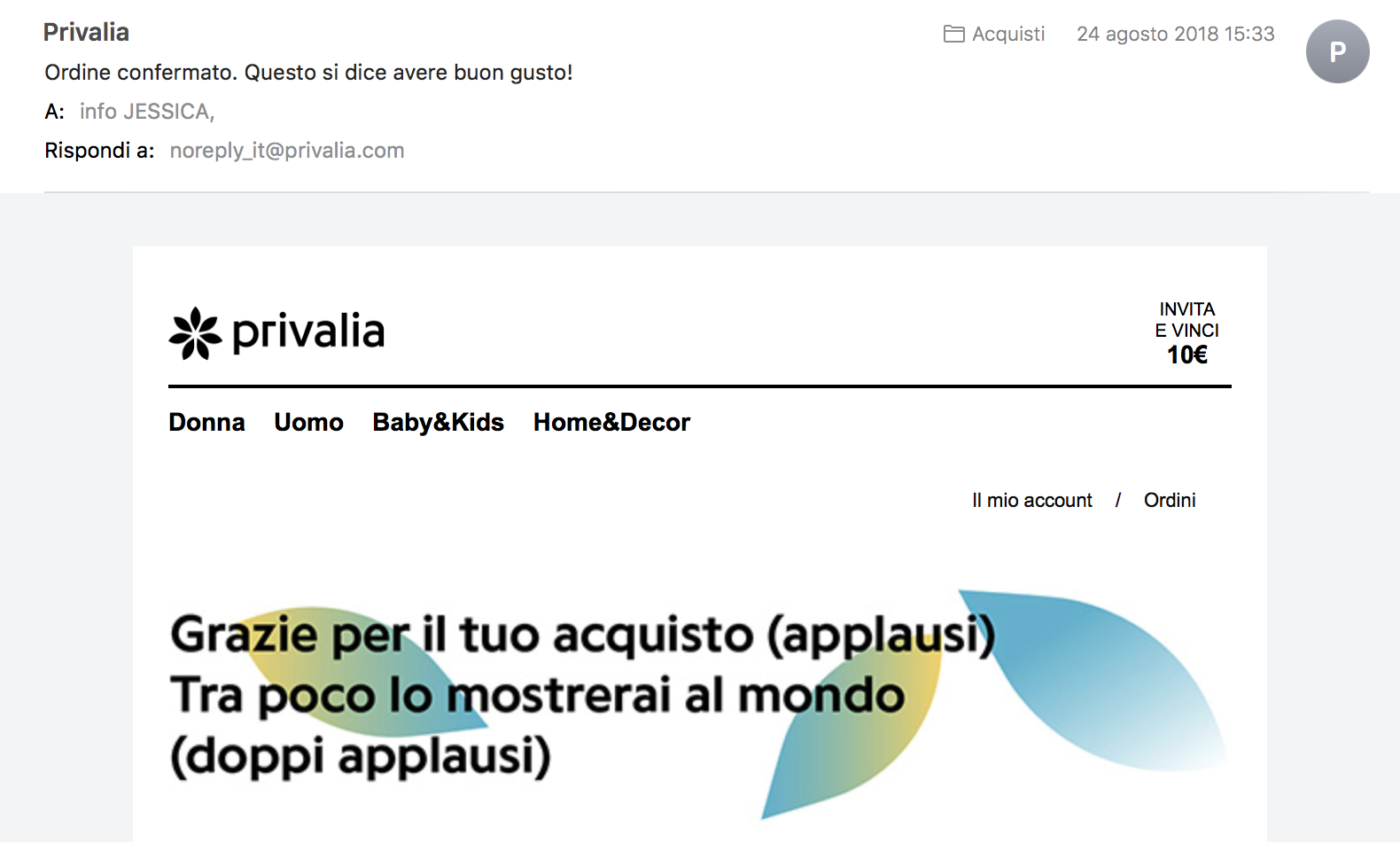 Esempio microcopy efficace: E-mail di conferma acquisto da Privalia