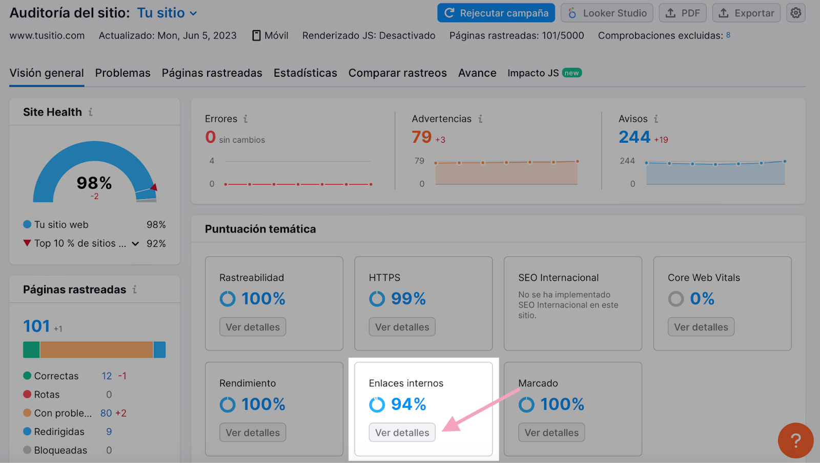 Analizar enlaces internos con Auditoría del sitio de Semrush