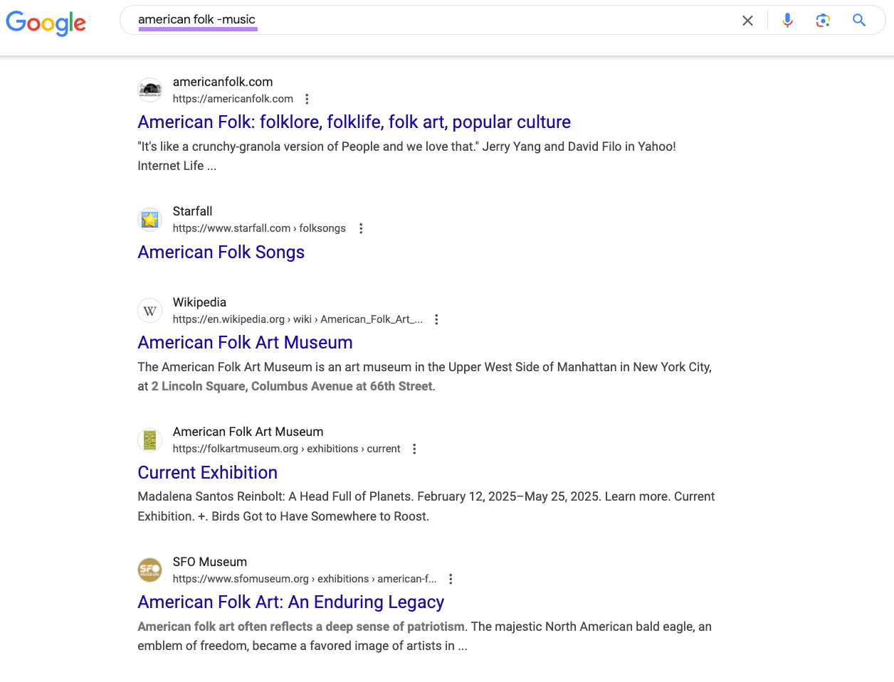 Search results for the query "american folk" that don't mention "music."