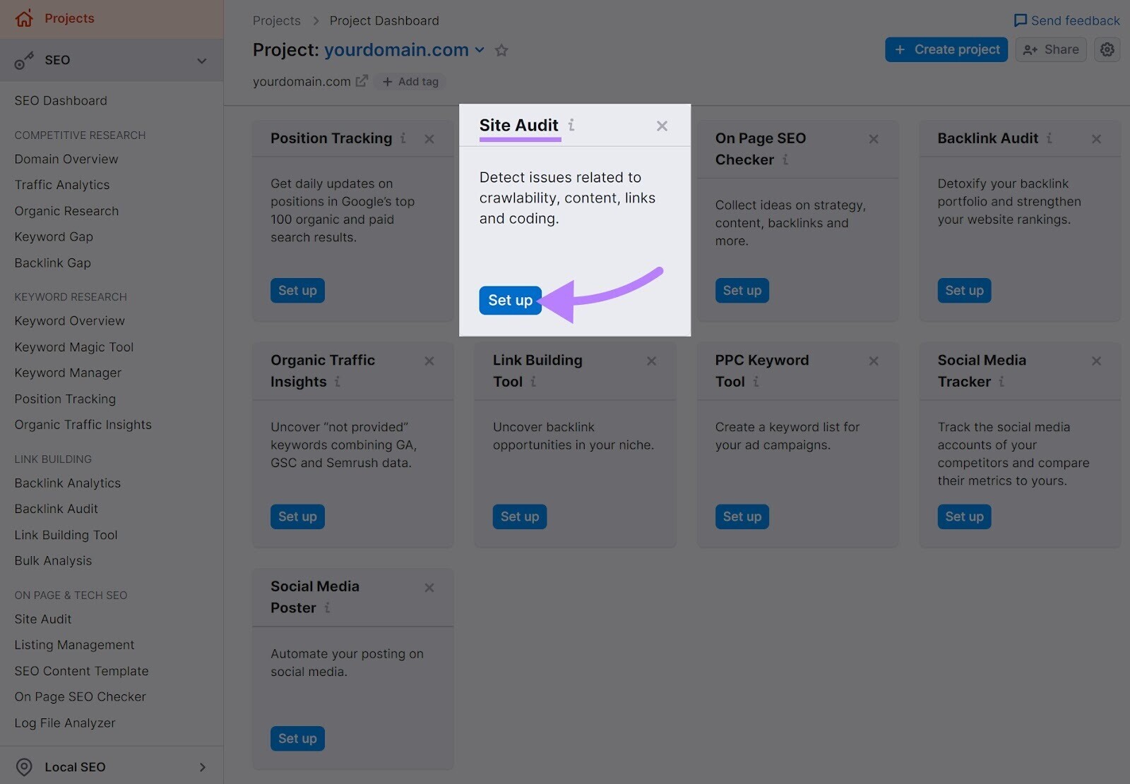 Caixa "Auditoria do site" destacada no painel de projeto Semrush