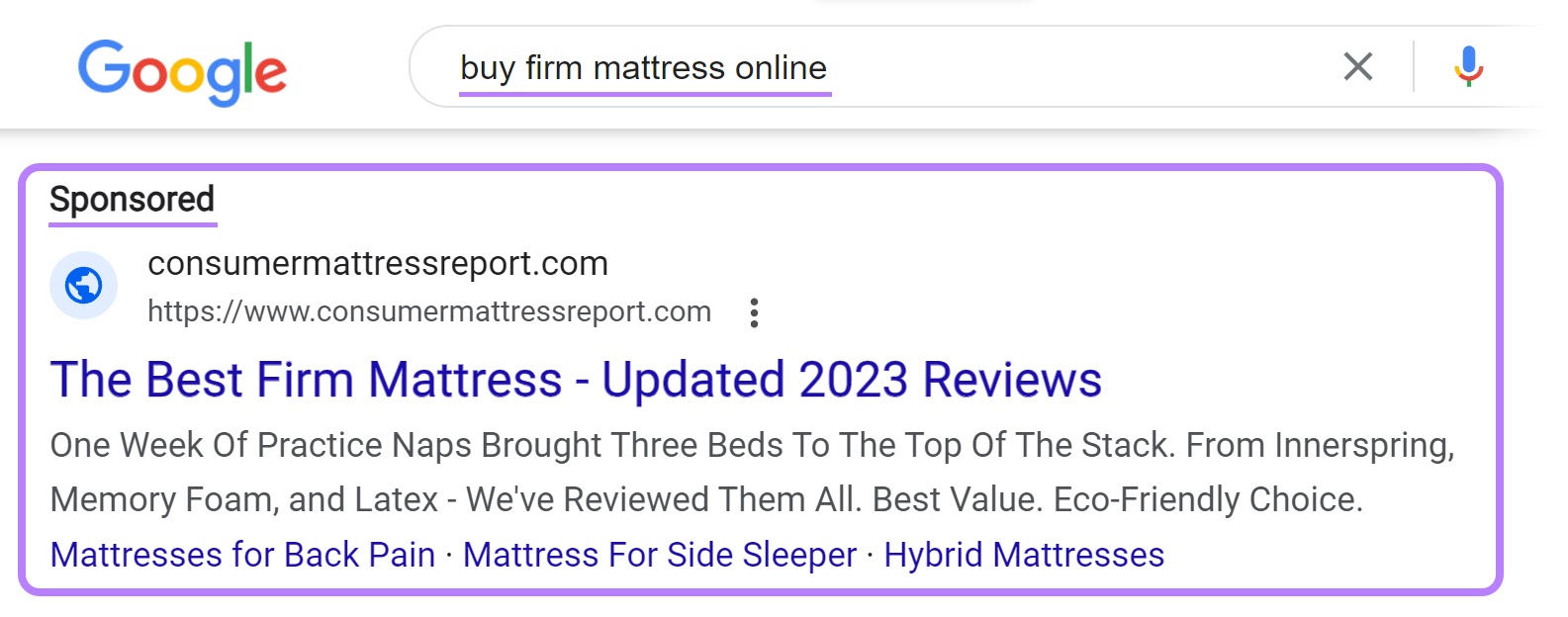 Une annonce de recherche sur Google pour la requête « acheter un matelas ferme en ligne »