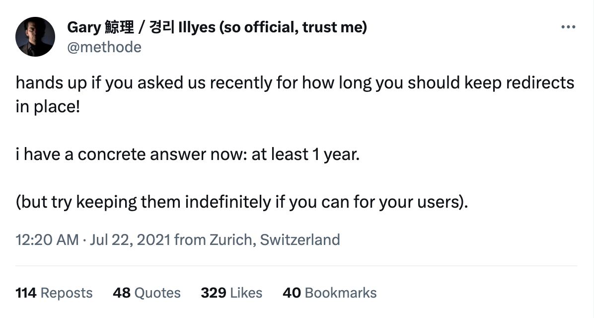 El tweet de Gary Illyes de Google sugiere mantener la redirección indefinidamente si es posible