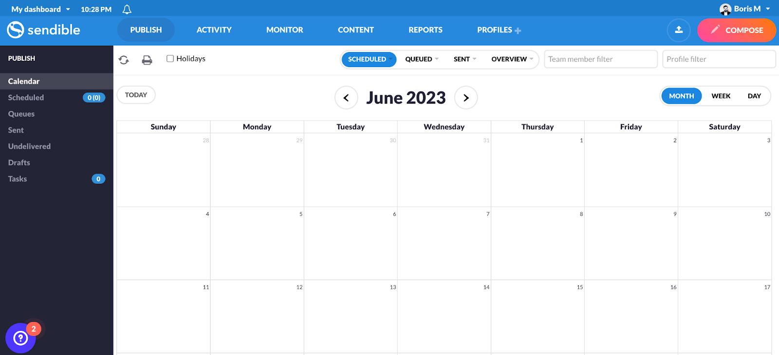 calendario de contenidos en Sendible
