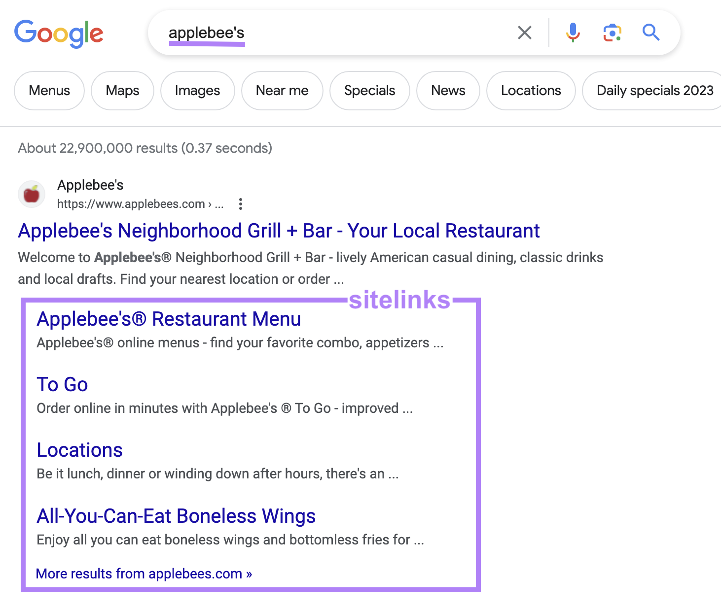 Sitio web de Applebee's en las SERP de Google