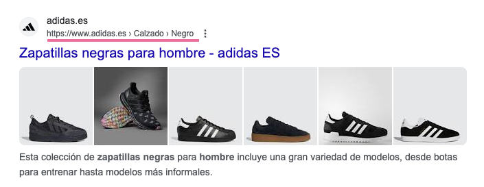 Ejemplo de breadcrumbs en los resultados de búsqueda.