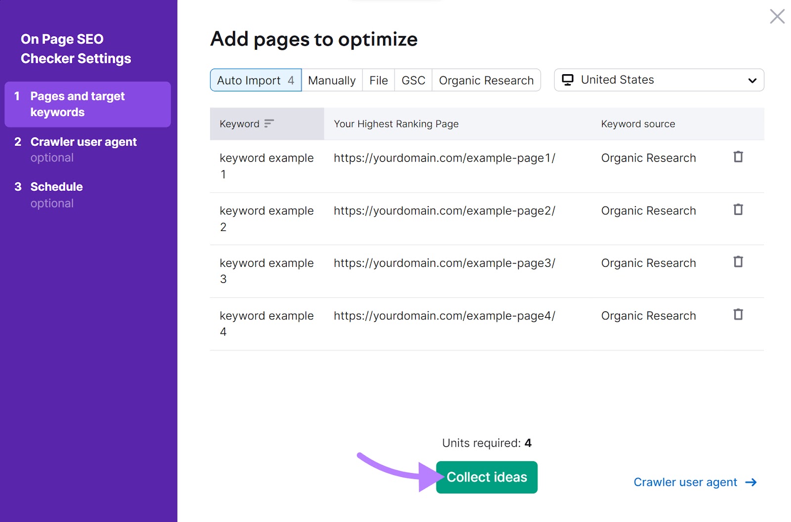 Ventana "Añadir páginas para optimizar" en la Configuración del Comprobador SEO On Page