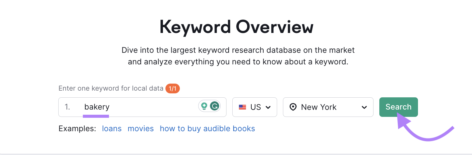 "panadería" introducido en la barra de búsqueda de la herramienta Resumen de palabras clave