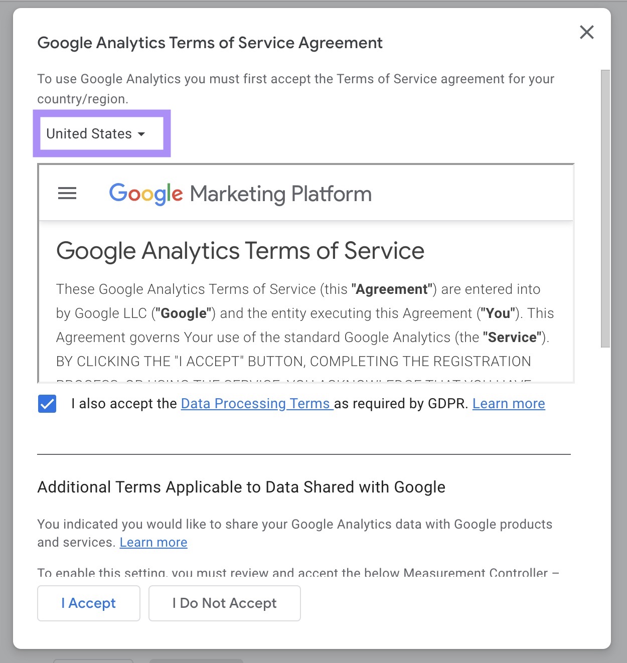 Pantalla del acuerdo de las condiciones de servicio de Google Analytics