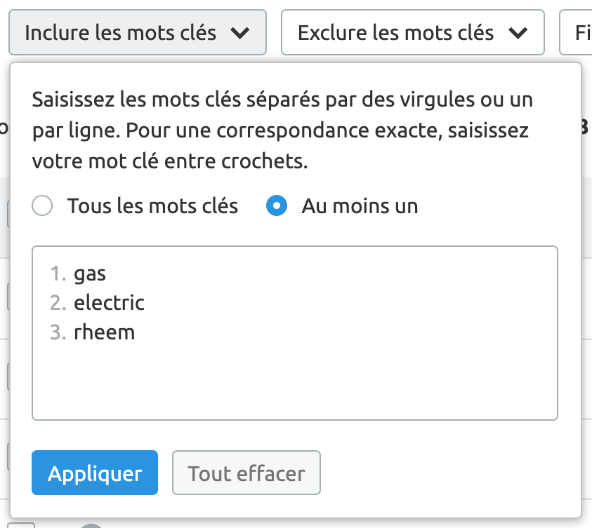 filtre mots clés