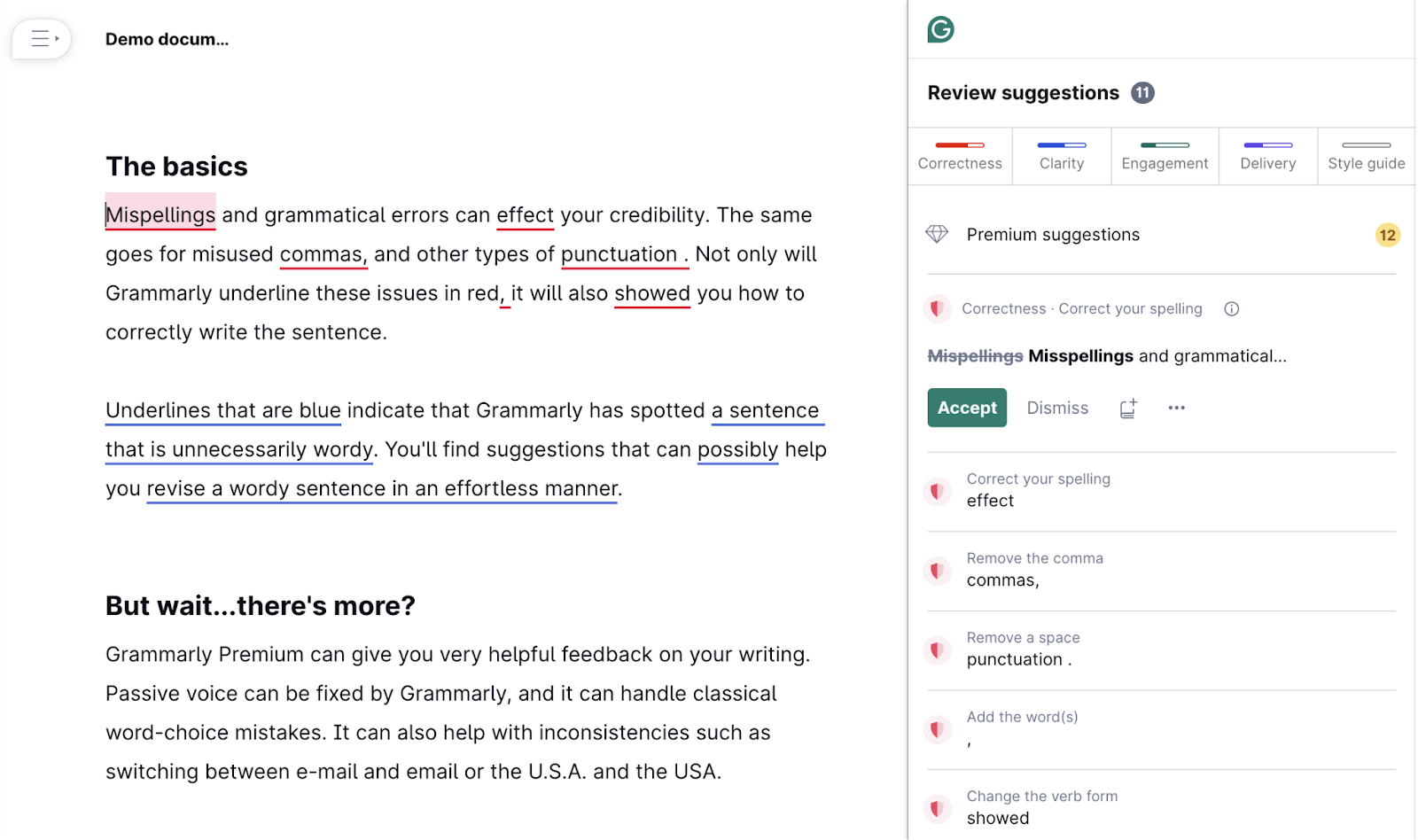 Documento de demostración de Grammarly que muestra texto con sugerencias gramaticales.