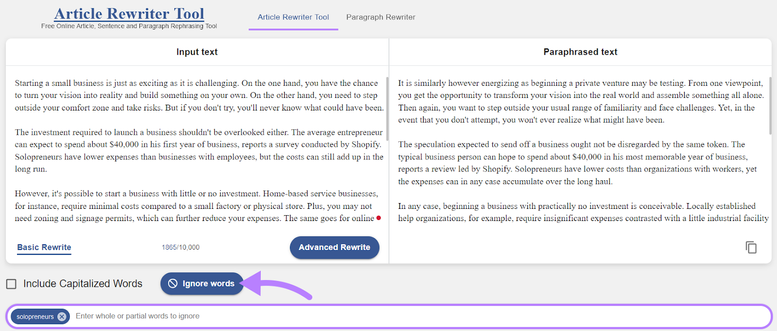 Ignorare i suggerimenti dello strumento Article Rewriter