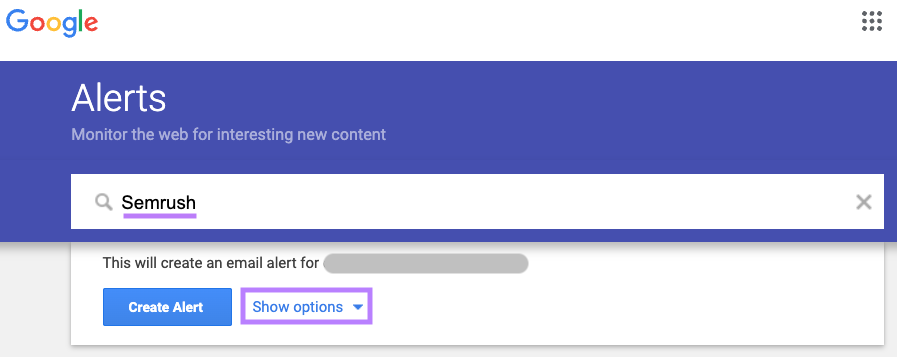 "Semrush" introducido en la barra de búsqueda de Google Alerts