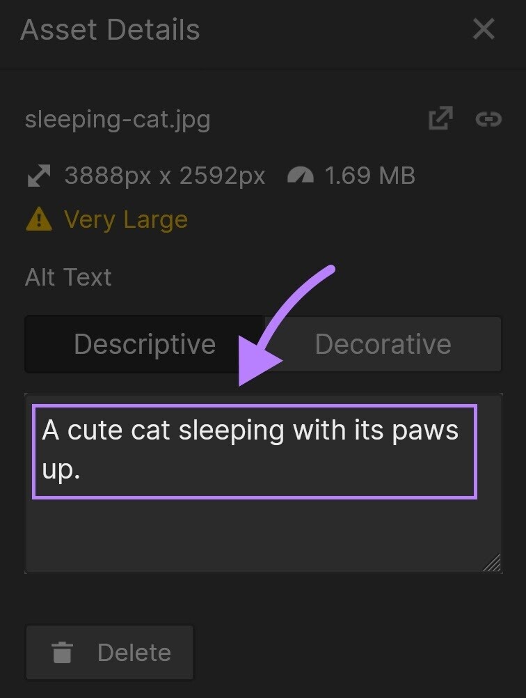 Texto alternativo "un lindo gato durmiendo con las patas hacia arriba" añadido en la ventana "Detalles del activo" en Webflow