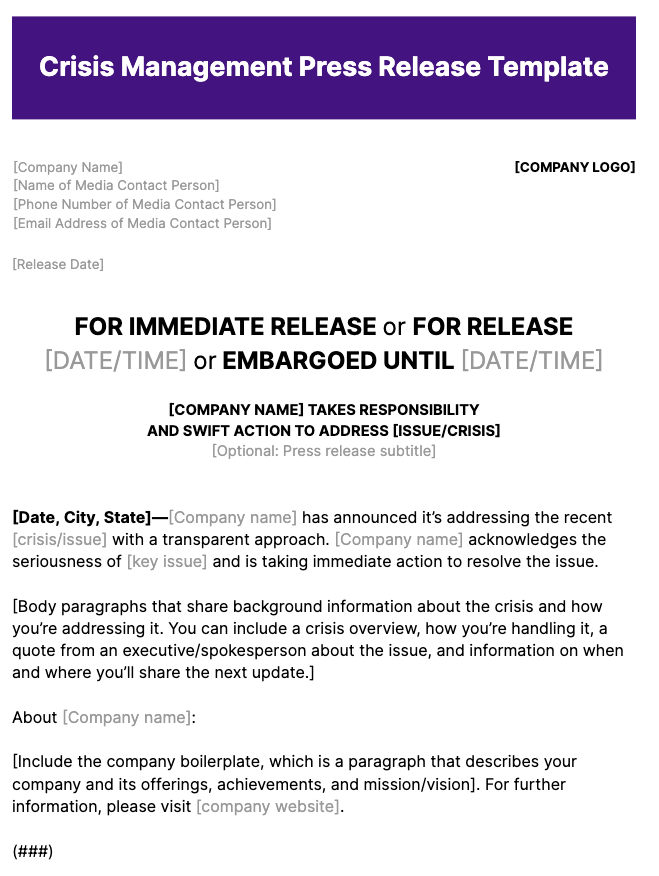 Plantilla de comunicado de prensa sobre gestión de crisis
