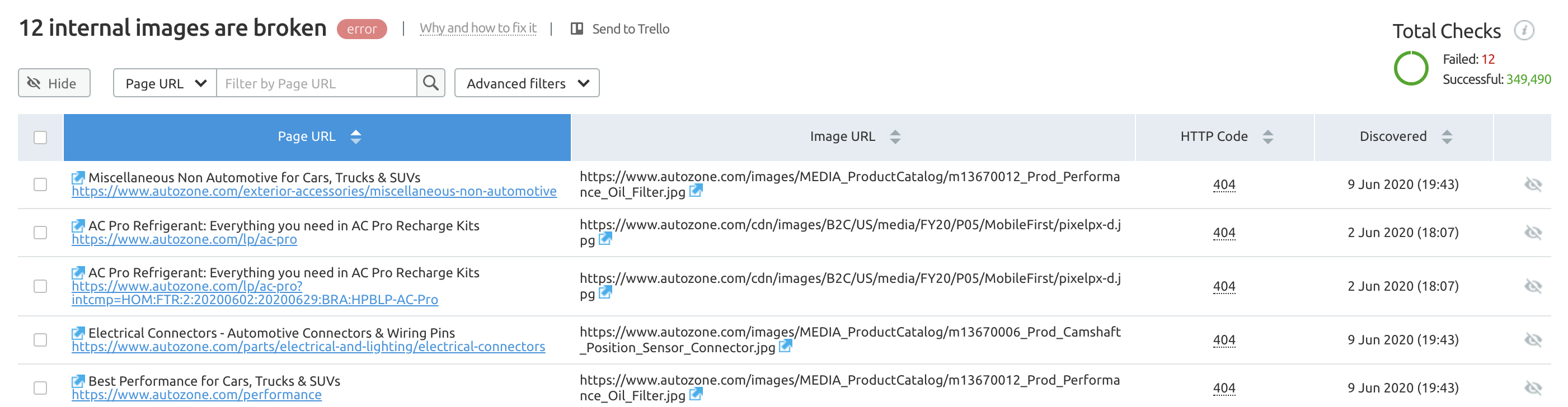 Broken images report from SEMrush site audit tool
