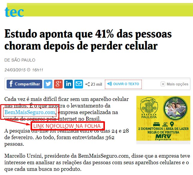 Link NoFollow na Folha de São Paulo