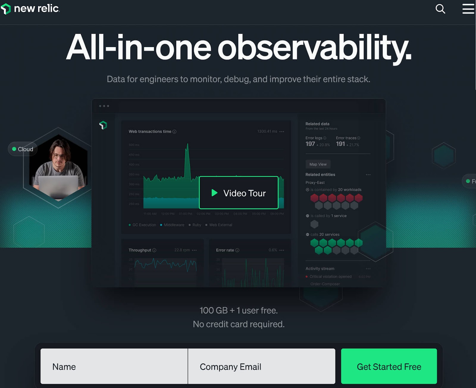 Le site web de New Relic fait la promotion d'une « observabilité tout-en-un » avec un bouton « Commencez gratuitement » en bas à droite.