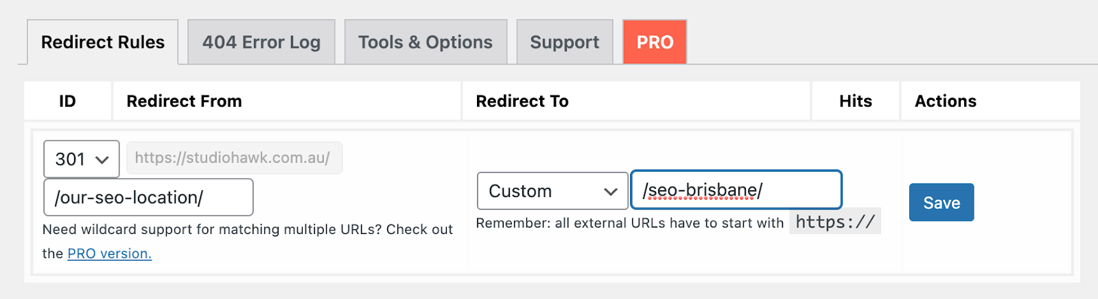 Seção "Regras de redirecionamento"