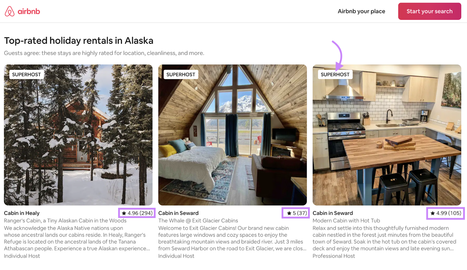 landing page de Airbnb de alquileres mejor valorados en Alaska