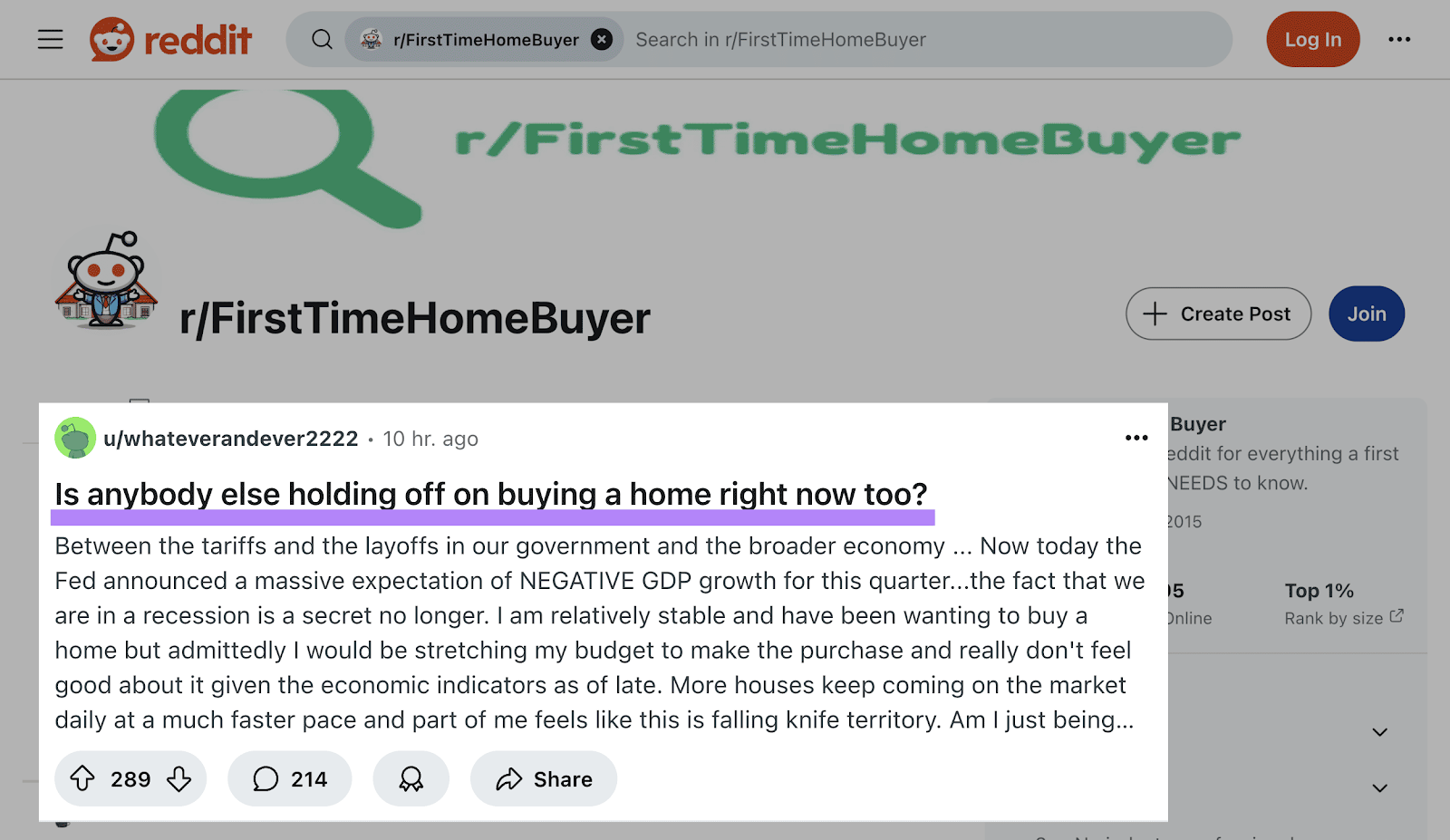 Postagem no subreddit /FirstTimeHomeBuyer intitulada "Mais alguém está adiando a compra de uma casa agora?"