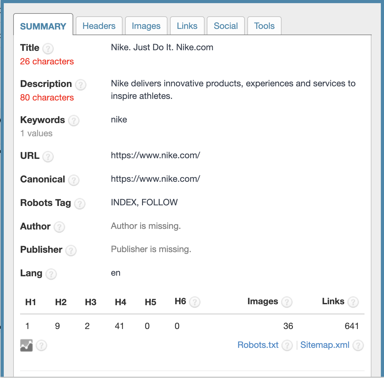 Summary analysis of the Nike.com home page