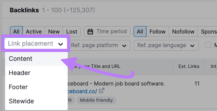"Contenido" seleccionado en el menú desplegable "Colocación del enlace