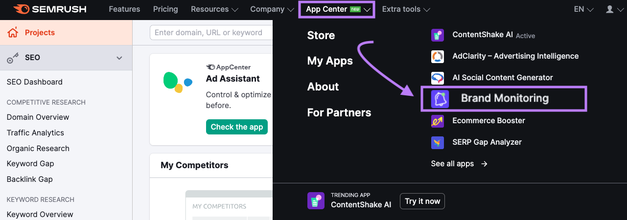 "Monitorización de marca" seleccionada en el Semrush App Center