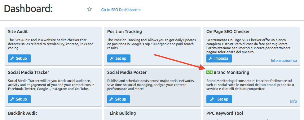 Dove si trova lo strumento Brand monitoring di SEMrush