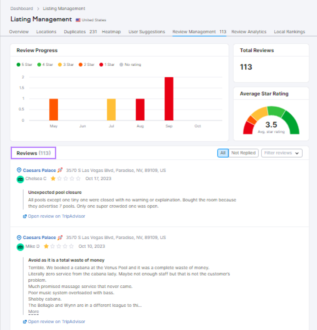 Reviews section in Listing Management for Ceaser’s Palace in Las Vegas