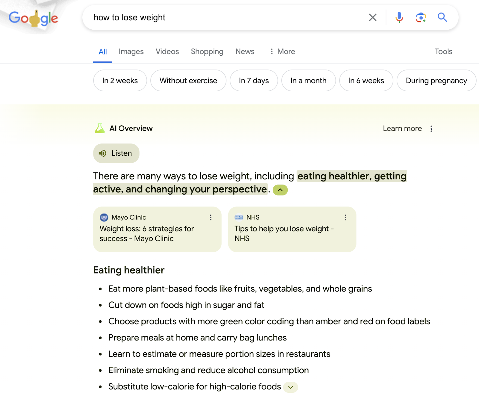 Visão geral da IA no Google, mostrando resultados para "como perder peso"